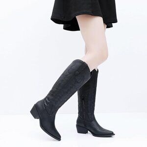 GLOBALWIN Women's Black Knee High Long Pointed Toe Western Cowboy Boots 7.5
